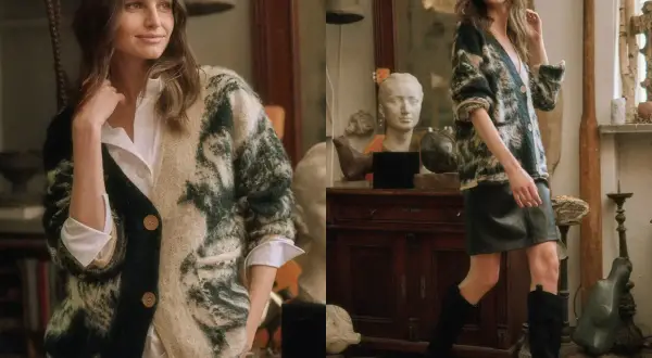 Kardigan w stylu tie-dye, z dwoma guzikami, noszony przez modelkę w białej koszuli i czarnej spódniczce.