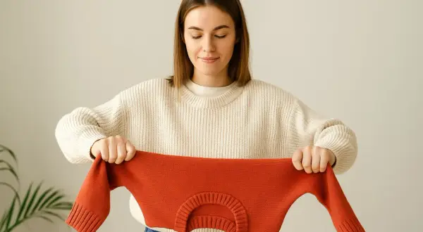 Kobieta trzyma pomarańczowy sweter, pokazując, jak uratować skurczony sweter z wełny.