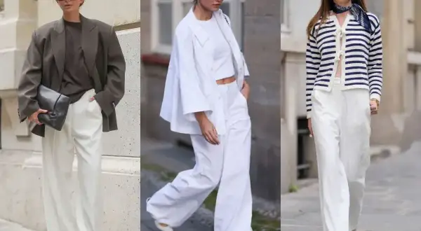Trzy kobiety prezentują biały garnitur i inne stylizacje. Luźne spodnie i marynarki tworzą elegancki look.