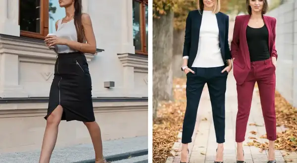 Elegancka kobieta w czarnej spódnicy i dwie panie w garniturach – idealny smart casual na imprezę.