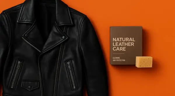 Czarna kurtka skórzana obok pudełka "Natural Leather Care" i gąbki. Dowiedz się, czym natłuścić kurtkę skórzaną domowe sposoby.