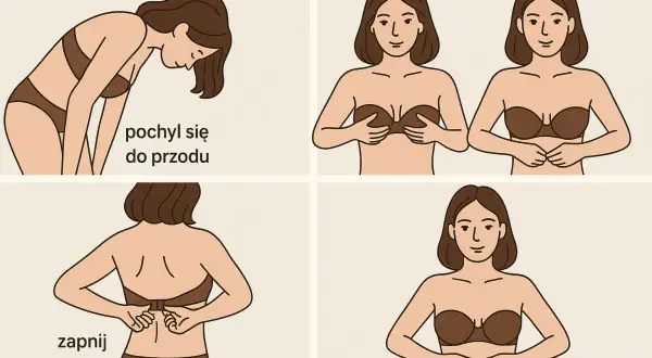 Instrukcja jak dobierać biustonosz: pochyl się, zapnij z tyłu, sprawdź stabilność.