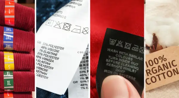 Etykiety odzieżowe pokazują skład materiału, w tym bawełnę, z której jest bawelna. Widoczne są też symbole pielęgnacji.