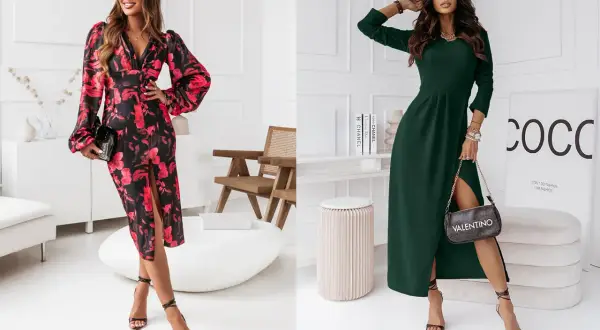 Eleganckie sukienki na wesele w październiku: kwiecista midi i butelkowa zieleń maxi. Idealne propozycje na jesienne przyjęcie.