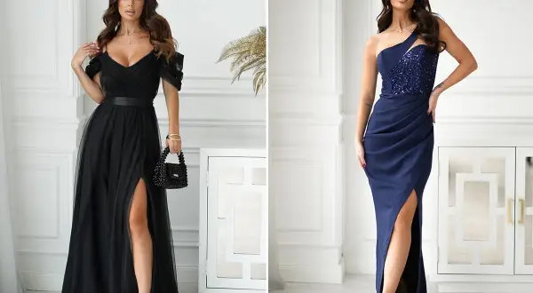Dwie kobiety w eleganckich sukniach. Czarna z rozcięciem na nodze, granatowa z cekinową górą i rozcięciem na nodze.