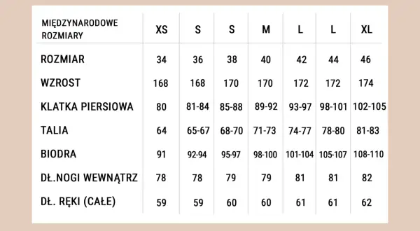 Tabela rozmiarów odzieży damskiej: jak dobrać rozmiar swetra. Wymiary: rozmiar, wzrost, klatka piersiowa, talia, biodra, długość nogi, długość ręki.