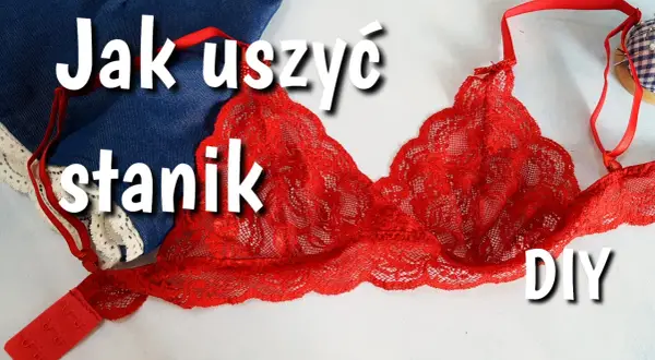 Czerwony koronkowy biustonosz bez ramiączek, dżins i taśma. Napisy "Jak uszyć stanik" i "DIY".