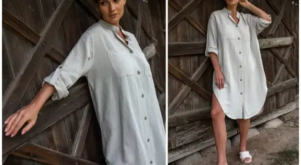 Elegancka szmizjerka co to? Luźna, lniana sukienka koszulowa w jasnym kolorze, idealna na lato.