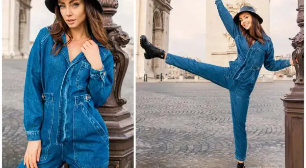 Kobieca stylizacja: jakie buty do niebieskiego kombinezonu? Modelka w jeansowym total looku i czarnych botkach pod Łukiem Triumfalnym.