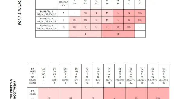Tabela rozmiarów bielizny: dla P&PU LACE rozmiar 65e to EU 80, FR/ES 85, IT 1, AU/NZ 10, GB/CA/US 32.