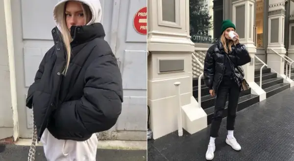 Kobieta w czarnej, puchatej kurtce typu puffer, co to znaczy? To ciepła i stylowa odzież na zimę.