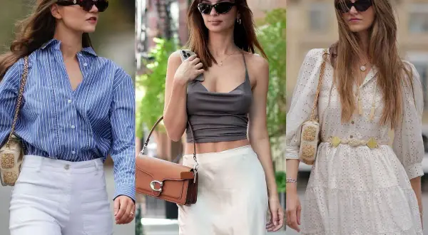 Trzy kobiety prezentują stylowe stylizacje boho: w paski, satynową spódnicę i zwiewną sukienkę.