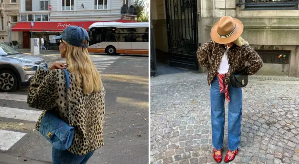 Koszula w panterkę w dwóch odsłonach: miejska stylizacja z jeansami i czapką, oraz elegancka z kapeluszem i czerwoną apaszką.