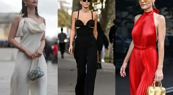 Eleganckie stylizacje: biały, czarny i czerwony kombinezon. Jakie dodatki do czarnego kombinezonu na wesele? Złota torebka, okulary, biżuteria.