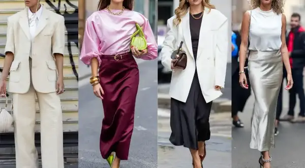 Eleganckie mama na komunii stylizacje: kremowy garnitur, różowa bluzka z bordową spódnicą, biała marynarka z czarną sukienką, biała bluzka ze srebrną spódnicą.