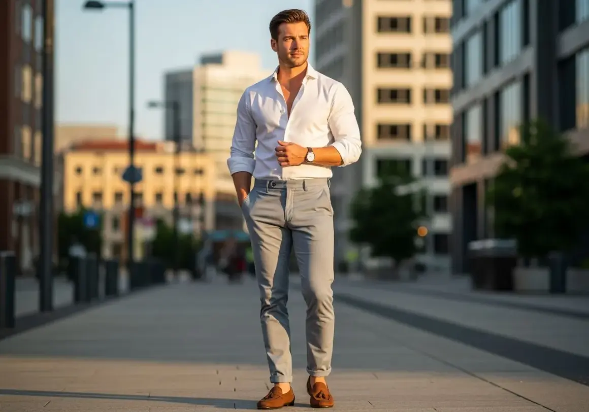 Mężczyzna w białej koszuli i szarych spodniach prezentuje styl smart casual na tle miejskiej architektury.