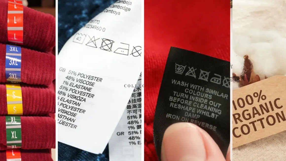 Etykiety odzieżowe pokazują skład materiału, w tym bawełnę, z której jest bawelna. Widoczne są też symbole pielęgnacji.