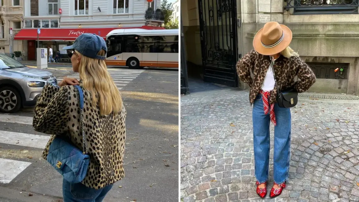 Koszula w panterkę w dwóch odsłonach: miejska stylizacja z jeansami i czapką, oraz elegancka z kapeluszem i czerwoną apaszką.