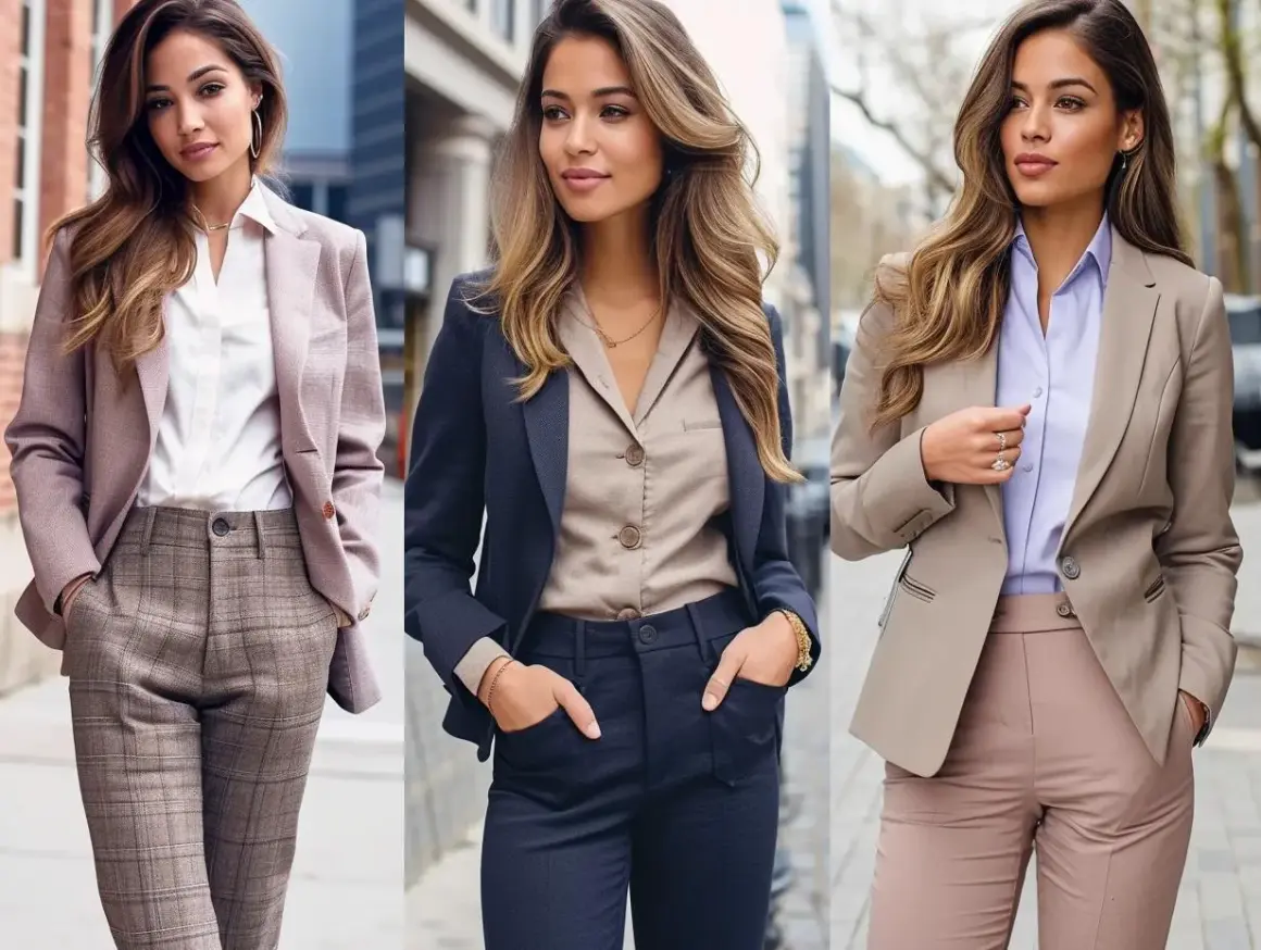 Eleganckie casual damski przykłady: trzy kobiety w stylowych zestawach ze spodniami i marynarkami.