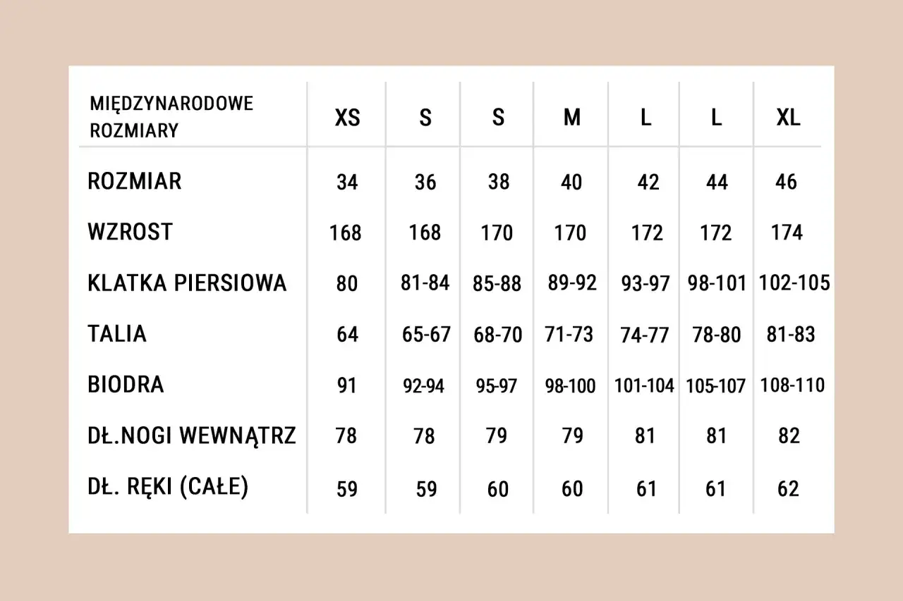 Tabela rozmiarów odzieży damskiej: jak dobrać rozmiar swetra. Wymiary: rozmiar, wzrost, klatka piersiowa, talia, biodra, długość nogi i ręki.