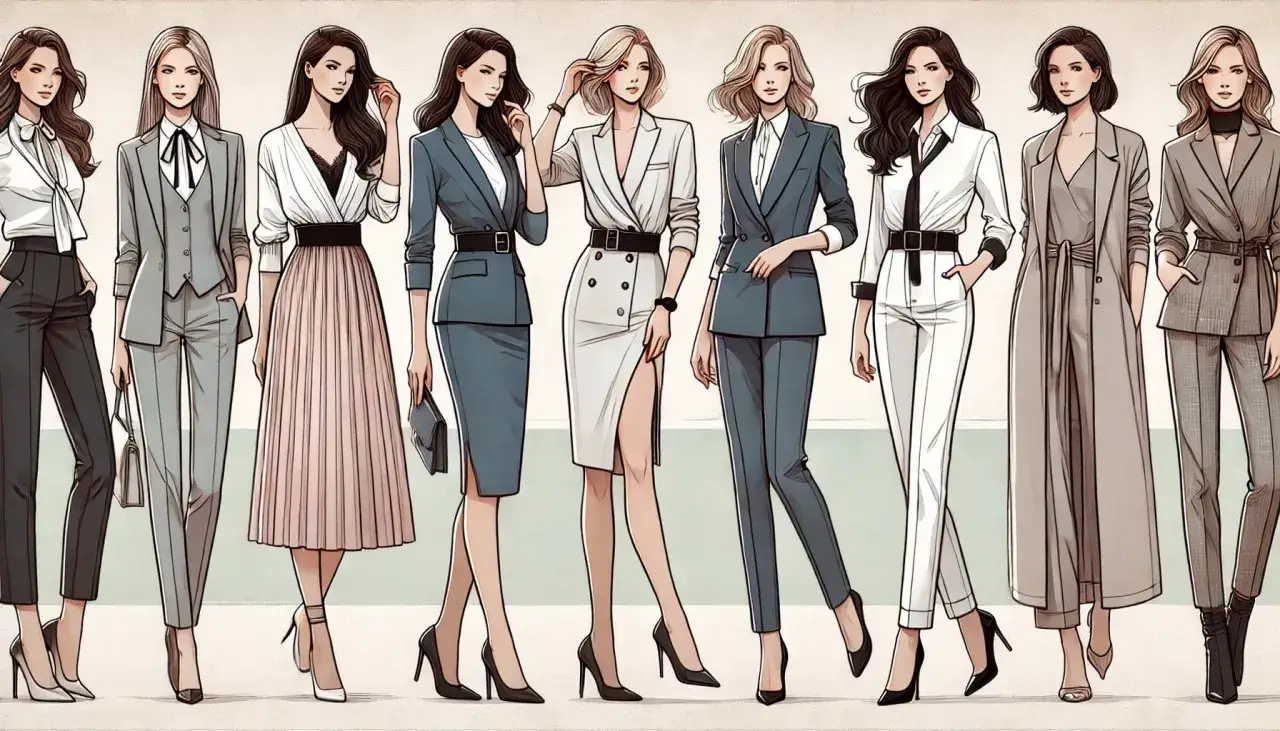 Kobiety prezentują eleganckie stylizacje zgodne z dress codem business formal: garnitury, spódnice, marynarki i płaszcze.
