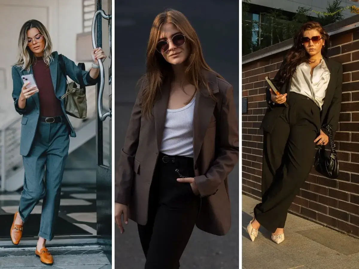 Elegancka moda do pracy: trzy kobiety w stylowych garniturach i butach.