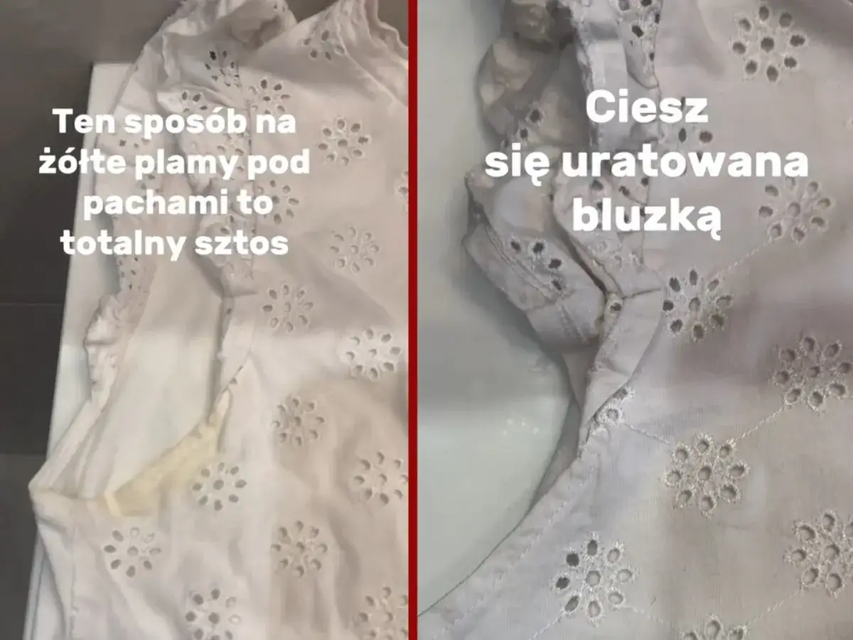 Jak odplamić białą bluzkę? Pokazano żółte plamy pod pachami i efekt po ich usunięciu. Bluzka uratowana!