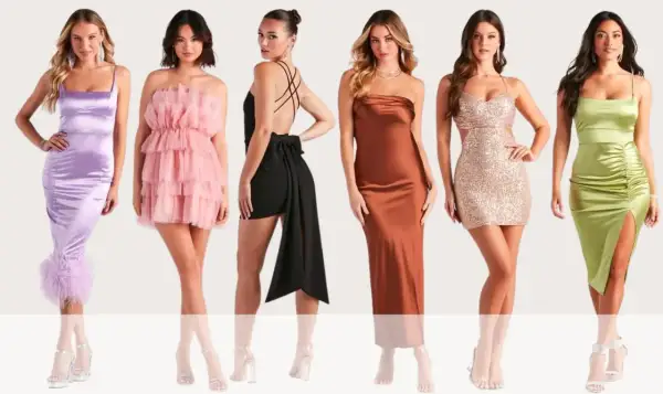 Sześć kobiet w eleganckich sukienkach. Różne dress code przykłady: satynowa liliowa, tiulowa pudrowa, czarna z kokardą, satynowa brązowa, cekinowa złota, satynowa zielona.