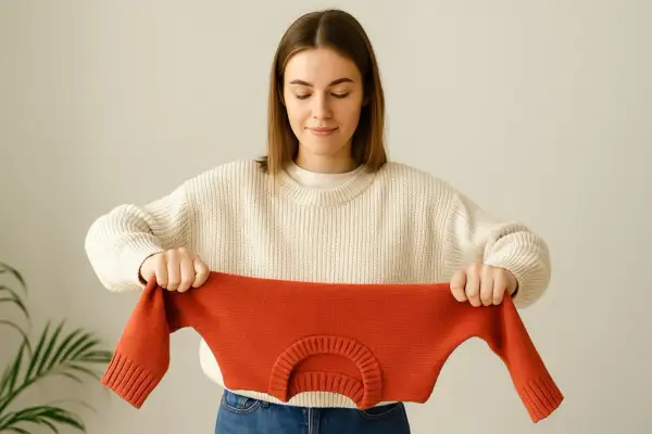 Kobieta trzyma pomarańczowy sweter, pokazując, jak uratować skurczony sweter z wełny.
