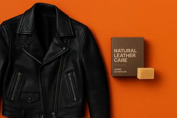 Czarna kurtka skórzana obok pudełka "Natural Leather Care" i gąbki. Dowiedz się, czym natłuścić kurtkę skórzaną domowe sposoby.