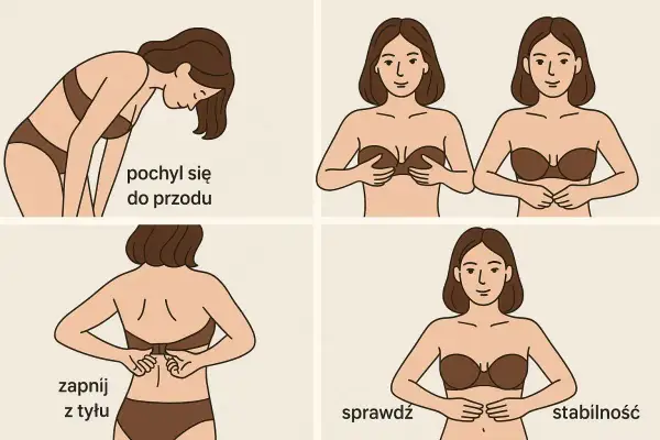 Instrukcja jak dobierać biustonosz: pochyl się, zapnij z tyłu, sprawdź stabilność.