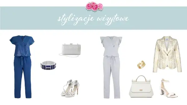 Eleganckie stylizacje wizytowe: granatowy kombinezon, szary kombinezon z falbankami, złota marynarka. Co na górę do kombinezonu? Torebki, buty i biżuteria.