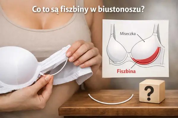 Dłoń wyciąga biały fiszbin z biustonosza. Obok rysunek biustonosza z zaznaczonym fiszbinem.
