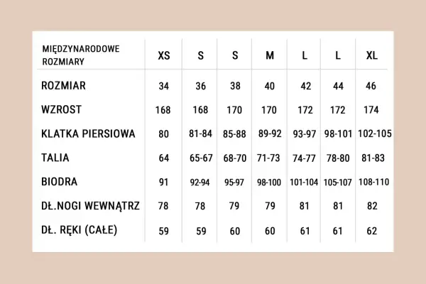 Tabela rozmiarów odzieży damskiej: jak dobrać rozmiar swetra. Wymiary: rozmiar, wzrost, klatka piersiowa, talia, biodra, długość nogi, długość ręki.