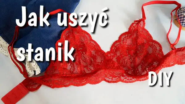 Czerwony koronkowy biustonosz bez ramiączek, dżins i taśma. Napisy "Jak uszyć stanik" i "DIY".
