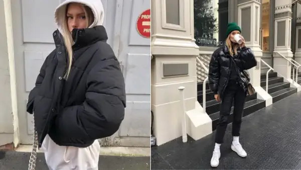 Kobieta w czarnej, puchatej kurtce typu puffer, co to znaczy? To ciepła i stylowa odzież na zimę.