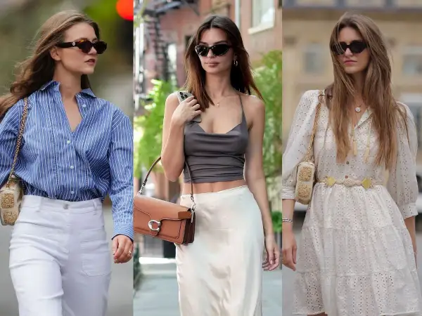 Trzy kobiety prezentują stylowe stylizacje boho: w paski, satynową spódnicę i zwiewną sukienkę.