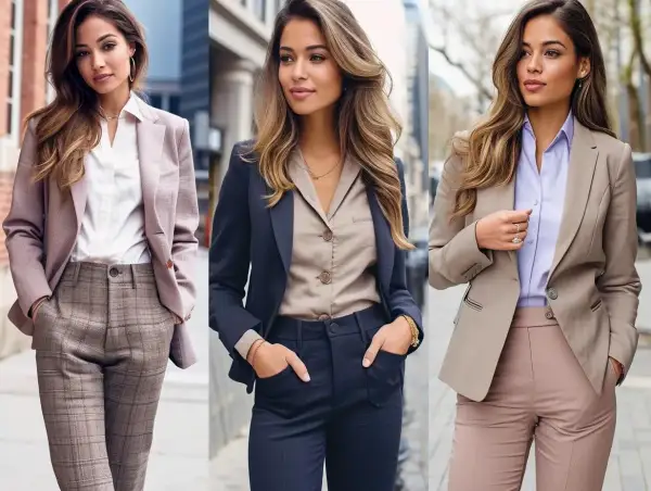 Eleganckie casual damski przykłady: trzy kobiety w stylowych zestawach ze spodniami i marynarkami.